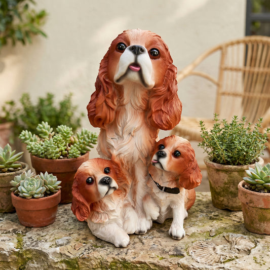 Cavalier King Charles Family Resin Statue, Garden Pet Group Sculpture, Gift for Dog Lovers