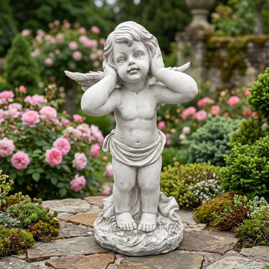 Vintage Hear No Evil Cherub Angel Statue, White Resin Garden Cupid Sculpture, Romantic Outdoor Yard Decor Gift