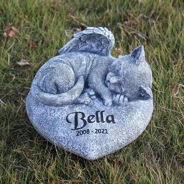Angel Cat Memorial Garden Statue Stones Grave Markers with a Cat Sleeps on The Heart-Shaped Stone