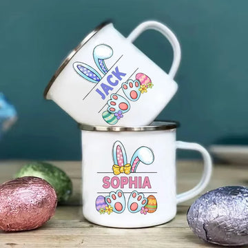 Personalized Bunny Easter Enamel Mugs Custom Name Kids Cocoa Chocolate Sibling Mug