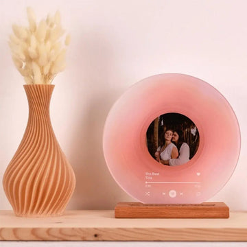 Personalized Photo Vinyl Record Style Night Light With Wooden Base