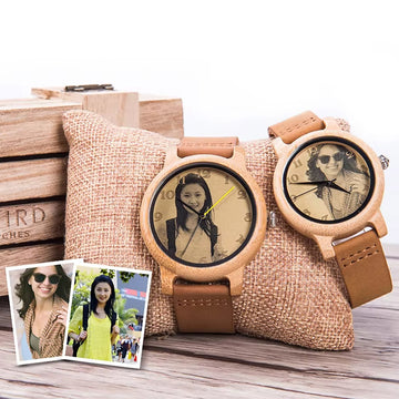 Ultra-High Precision Laser Photo Wood Watch Genuine Leather Strap Customize Unique Christmas Gift