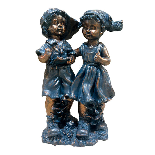 Vintage Boy and Girl Holding Hands Garden Statue, Antique Bronze Blue Resin Outdoor Yard Decor, Sweet Children Figurine Lawn Ornament