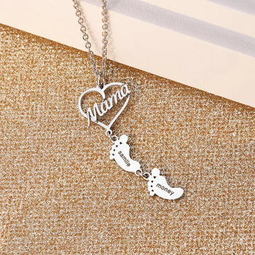 Personalized Mama Heart Necklace with Custom Baby Footprint Charms