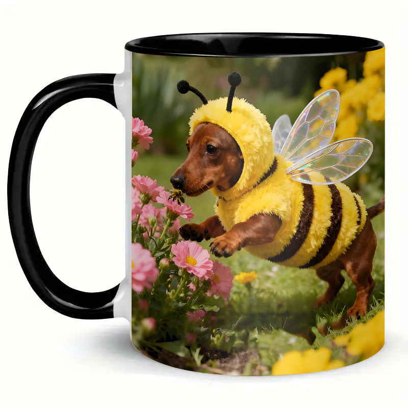 Ceramic Mug with Dachshund in Bee Costume Design