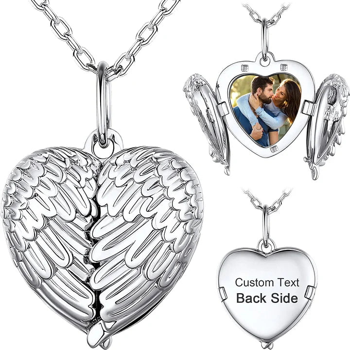 Personalized Angel Wing Photo Locket Necklace with Name Engraving