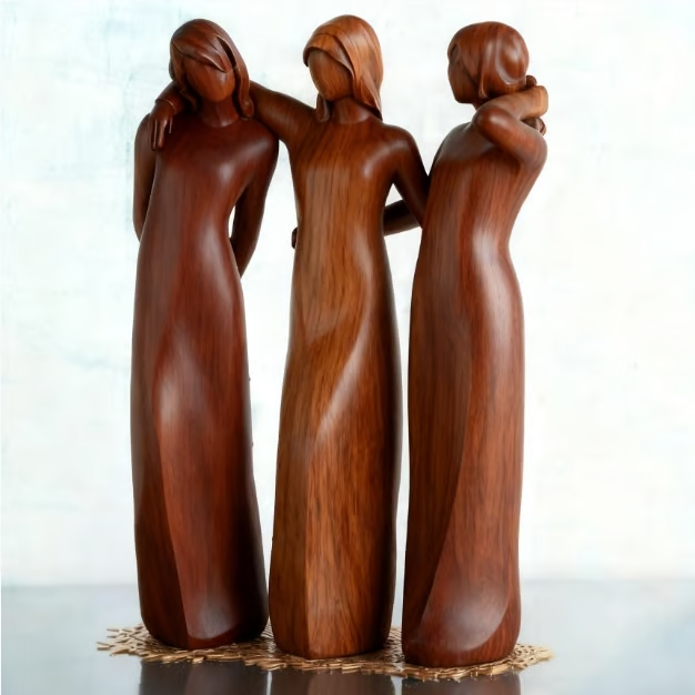 Three Sisters Embracing Wooden Sculpture – A Tribute to Sisterhood and Friendship