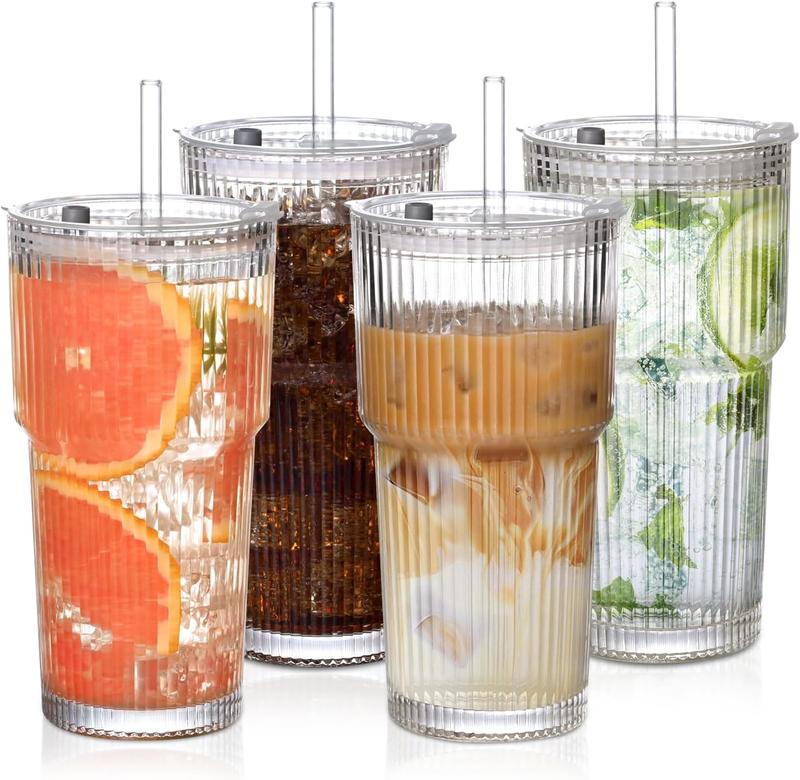19oz Ribbed Glass Tumblers with Lids & Straws