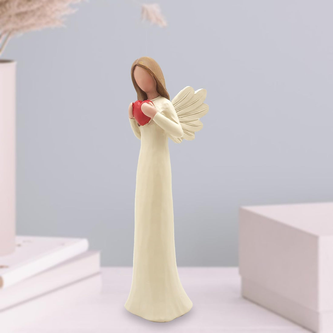 Hand-Painted Red Heart Cream Angel Figurine – 7.48 Inch Polyresin Angel Statue for Home Decor