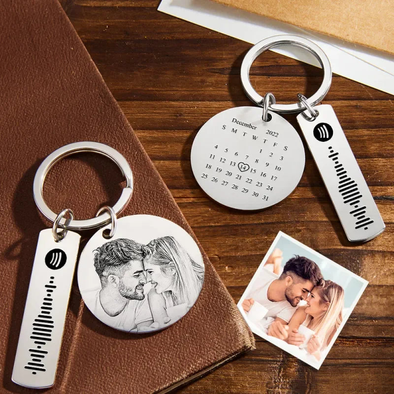 Customizable Keychain with Photo, Text, and Soundwave Engraving