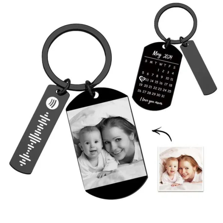 Custom Photo Keychain with Calendar and Soundwave Design
