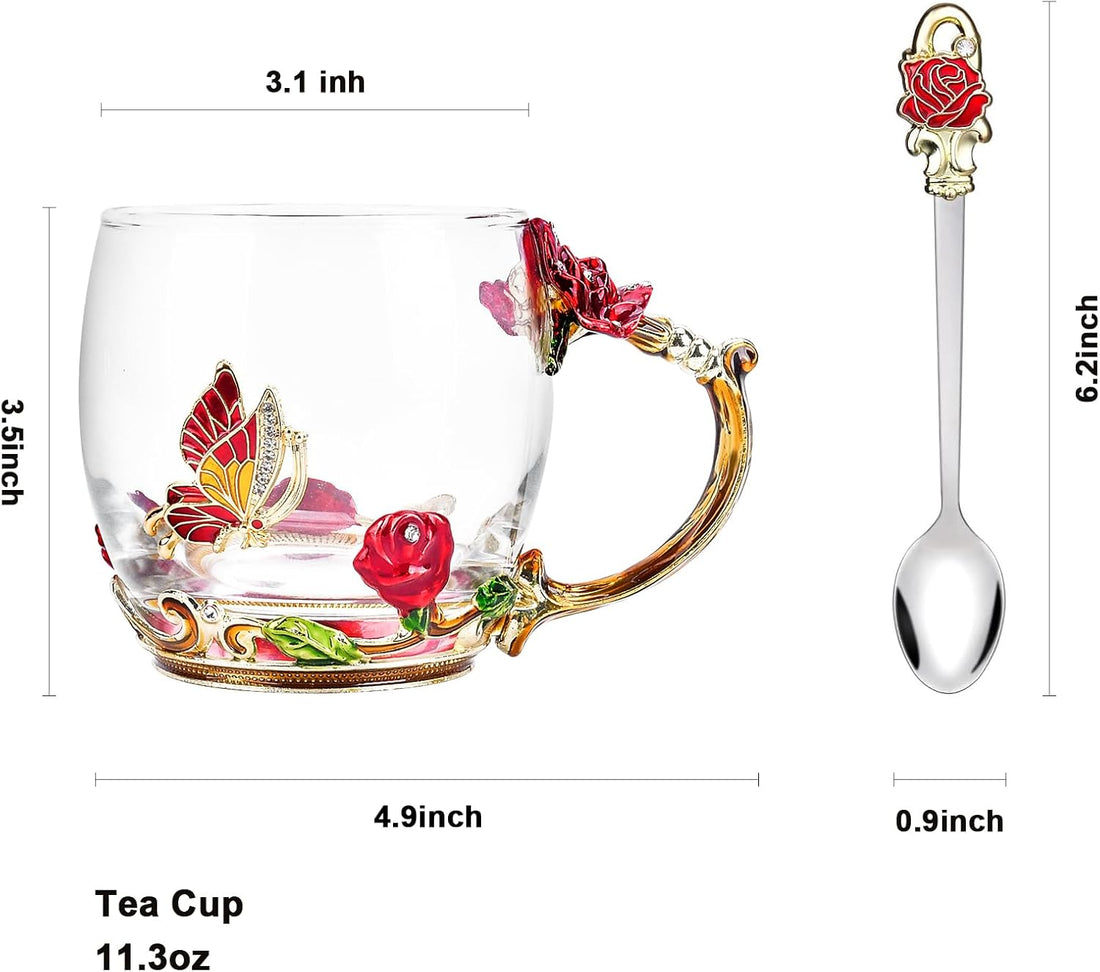 Handmade Floral Butterfly Enamels Glass Mug with Spoon