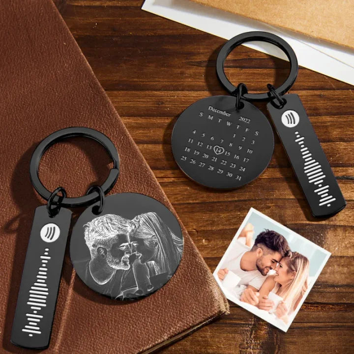 Customizable Keychain with Photo, Text, and Soundwave Engraving