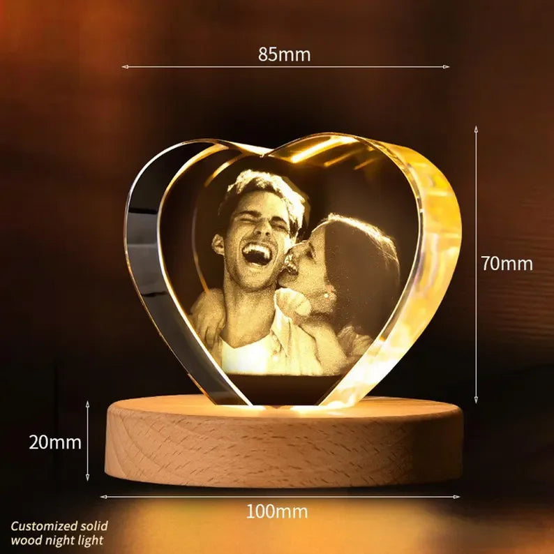 Personalized Crystal Night Light with Custom Photo Engraving – Heart and Round Shapes