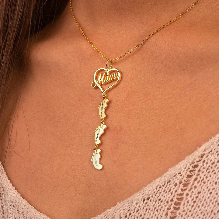 Personalized Mama Heart Necklace with Custom Baby Footprint Charms