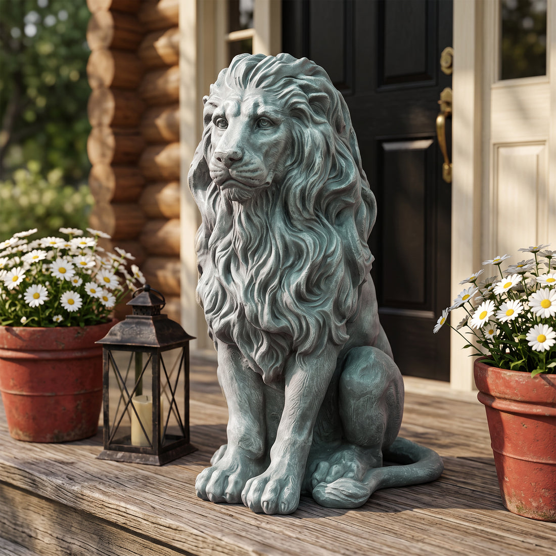 Seated Guardian Lion Garden Statues, Antique Weathered Stone Resin European Gate Ornaments, Villa Entrance Courtyard Decor
