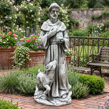 St. Francis Garden Statue with Bird and Lamb, Resin Religious Outdoor Decor