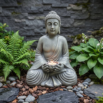 Seated Meditating Buddha Statue with Lotus Tealight Holder, Antique Stone Resin Zen Garden Decor, Meditation Indoor Outdoor Ornament