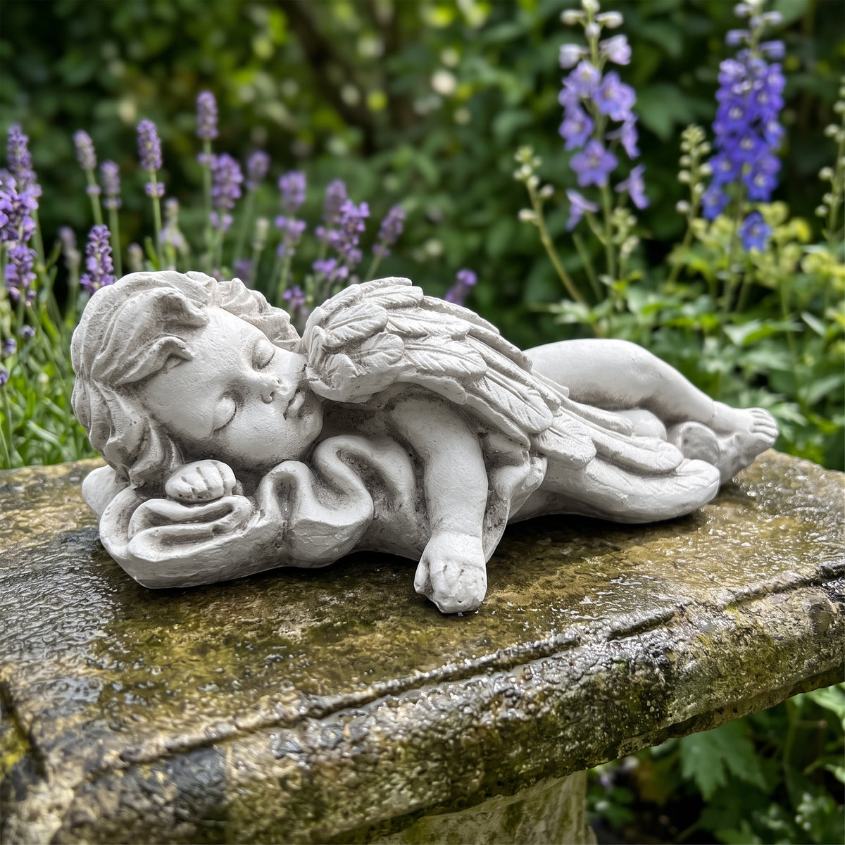 Sleeping Cherub Garden Statue, Antique Stone White Lying Angel Resin Figurine, Peaceful European Style Memorial Outdoor Lawn Ornament