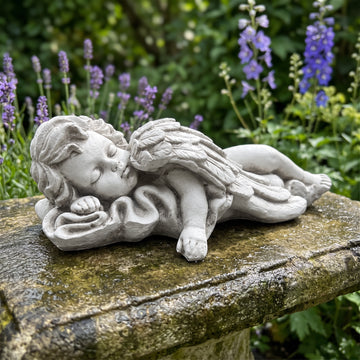 Sleeping Cherub Garden Statue, Antique Stone White Lying Angel Resin Figurine, Peaceful European Style Memorial Outdoor Lawn Ornament