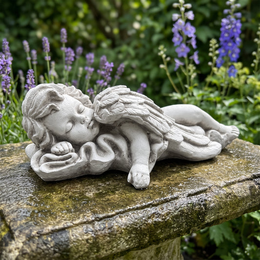 Sleeping Cherub Garden Statue, Antique Stone White Lying Angel Resin Figurine, Peaceful European Style Memorial Outdoor Lawn Ornament
