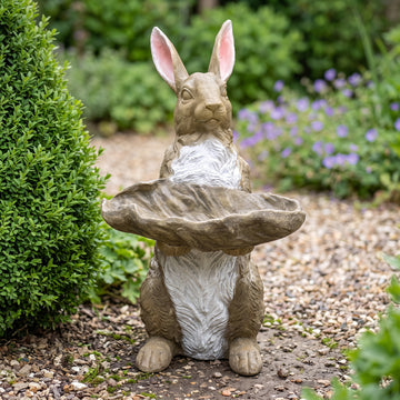 Standing Rabbit Garden Statue with Leaf Tray, Resin Bird Feeder Bird Bath, Rustic Bunny Outdoor Lawn Ornament