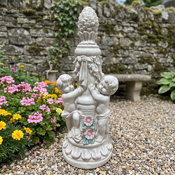 Double Cherub Pillar Garden Statue, Antique Stone Resin European Classical Ornament, Two Putti Floral Pillar Lawn Decor