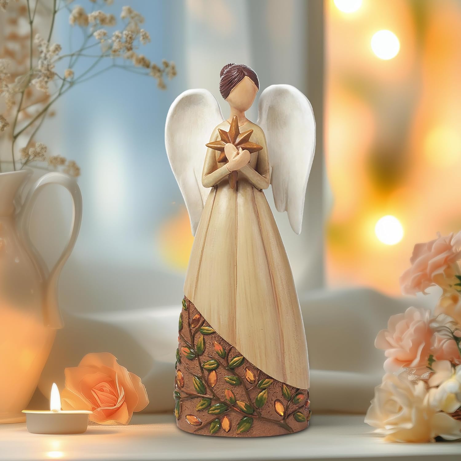 Angel Statue with Cardinal Bird - Resin Figurine for Home Decor