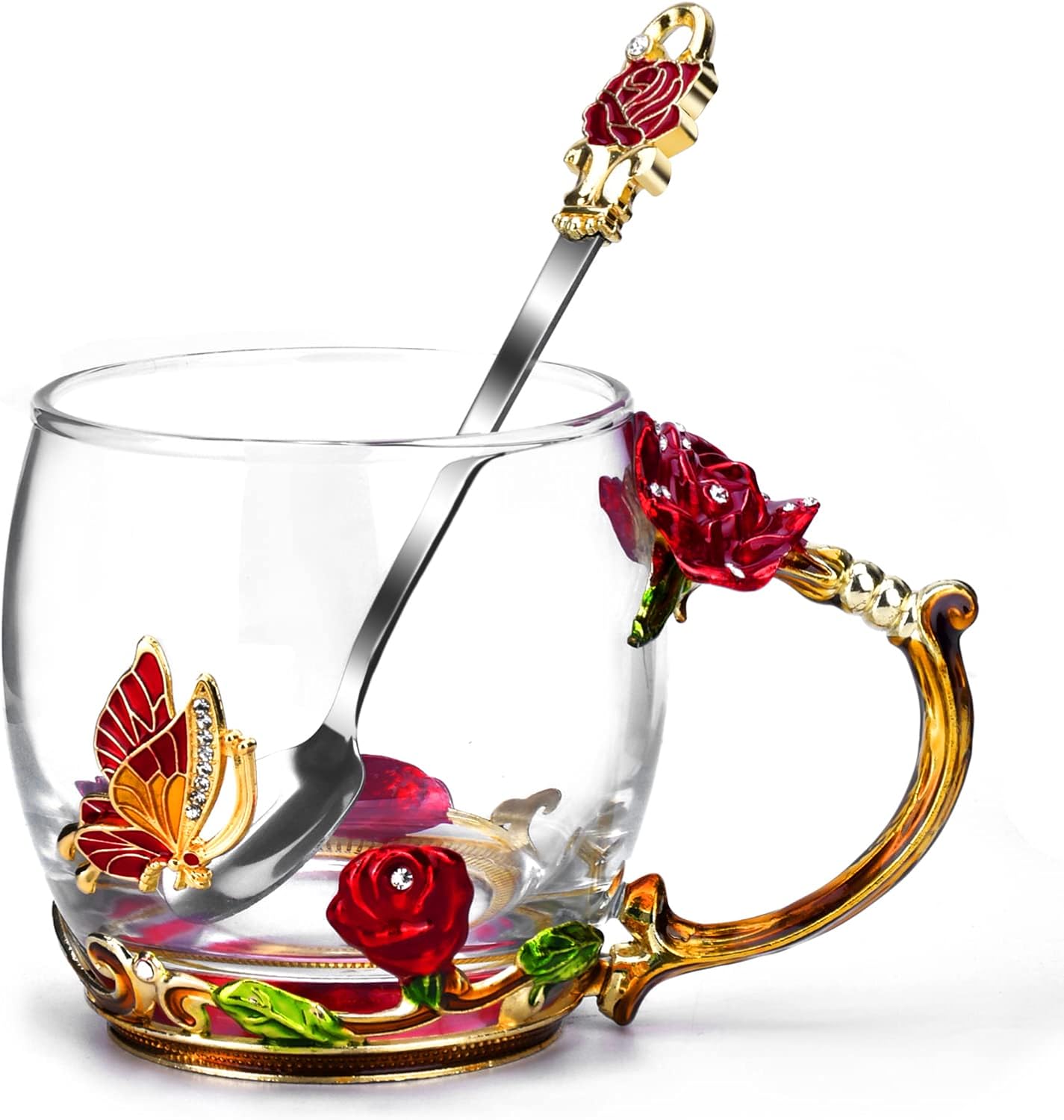 Handmade Floral Butterfly Enamels Glass Mug with Spoon