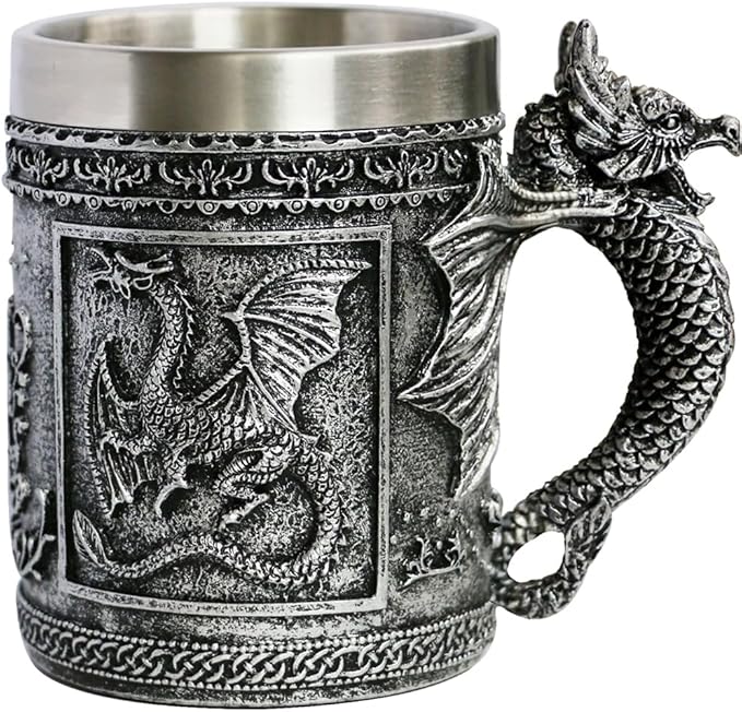 Medieval Dragon Design Stainless Steel Mug, 15.8 oz
