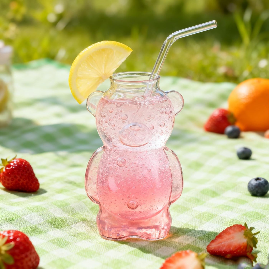 Teddy Bear Shaped Glass Cup with Reusable Straw