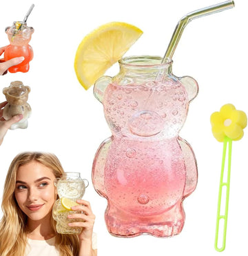 Teddy Bear Shaped Glass Cup with Reusable Straw