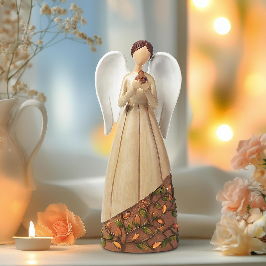 Angel Statue with Cardinal Bird - Resin Figurine for Home Decor