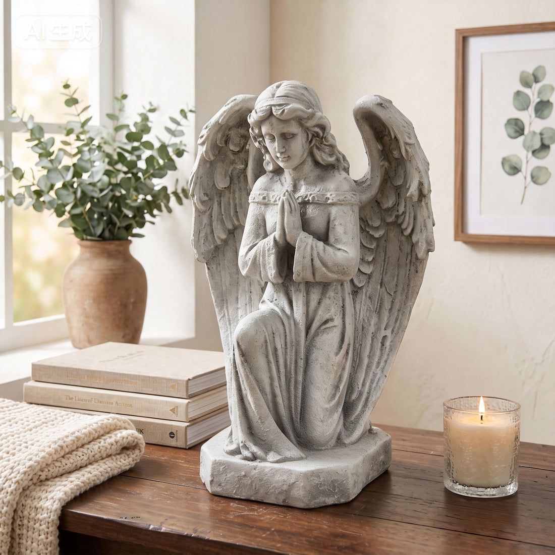 Kneeling Praying Angel Statue, Antique Stone White Resin Figurine, Religious Memorial Garden Decor, Indoor Home Angel Ornament