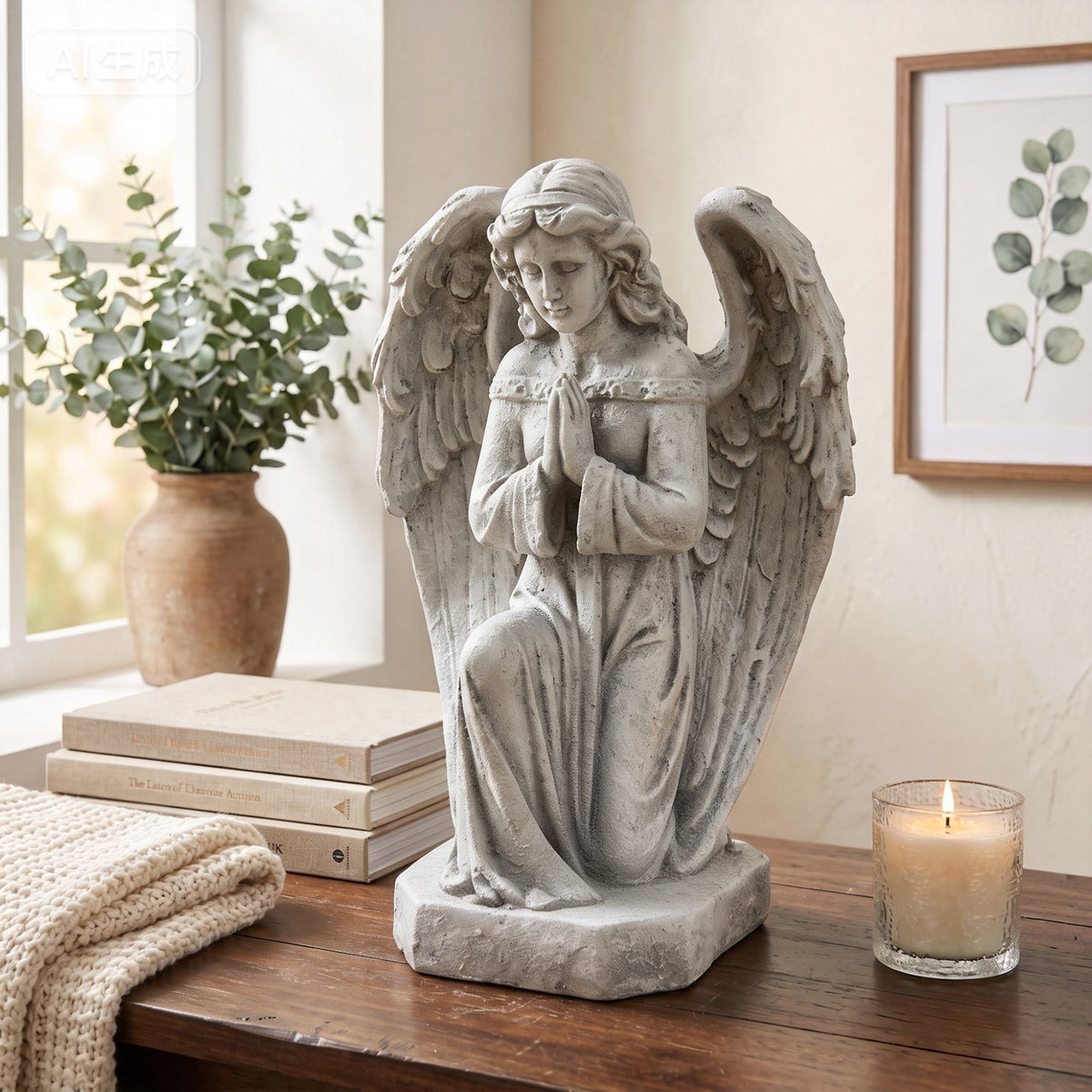 Kneeling Praying Angel Statue, Antique Stone White Resin Figurine, Religious Memorial Garden Decor, Indoor Home Angel Ornament