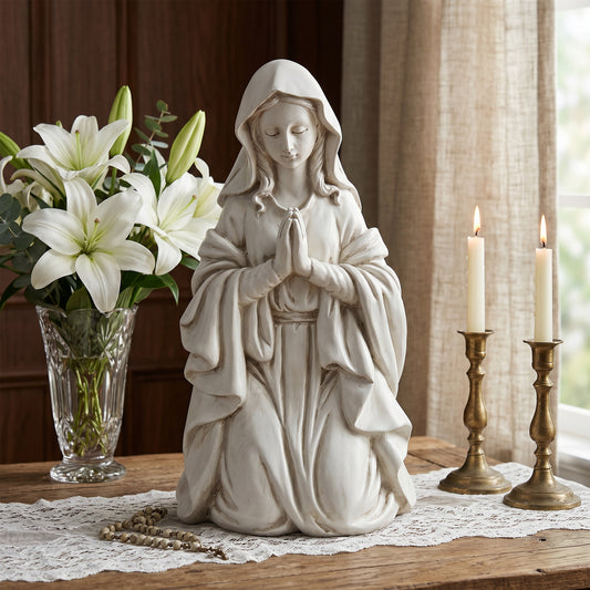 Kneeling Praying Virgin Mary Resin Statue, Religious Altar Decor, Spiritual Gift for Believers