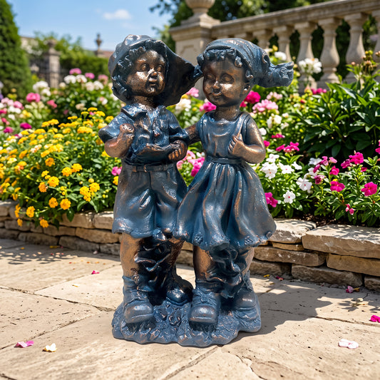Vintage Boy and Girl Holding Hands Garden Statue, Antique Bronze Blue Resin Outdoor Yard Decor, Sweet Children Figurine Lawn Ornament