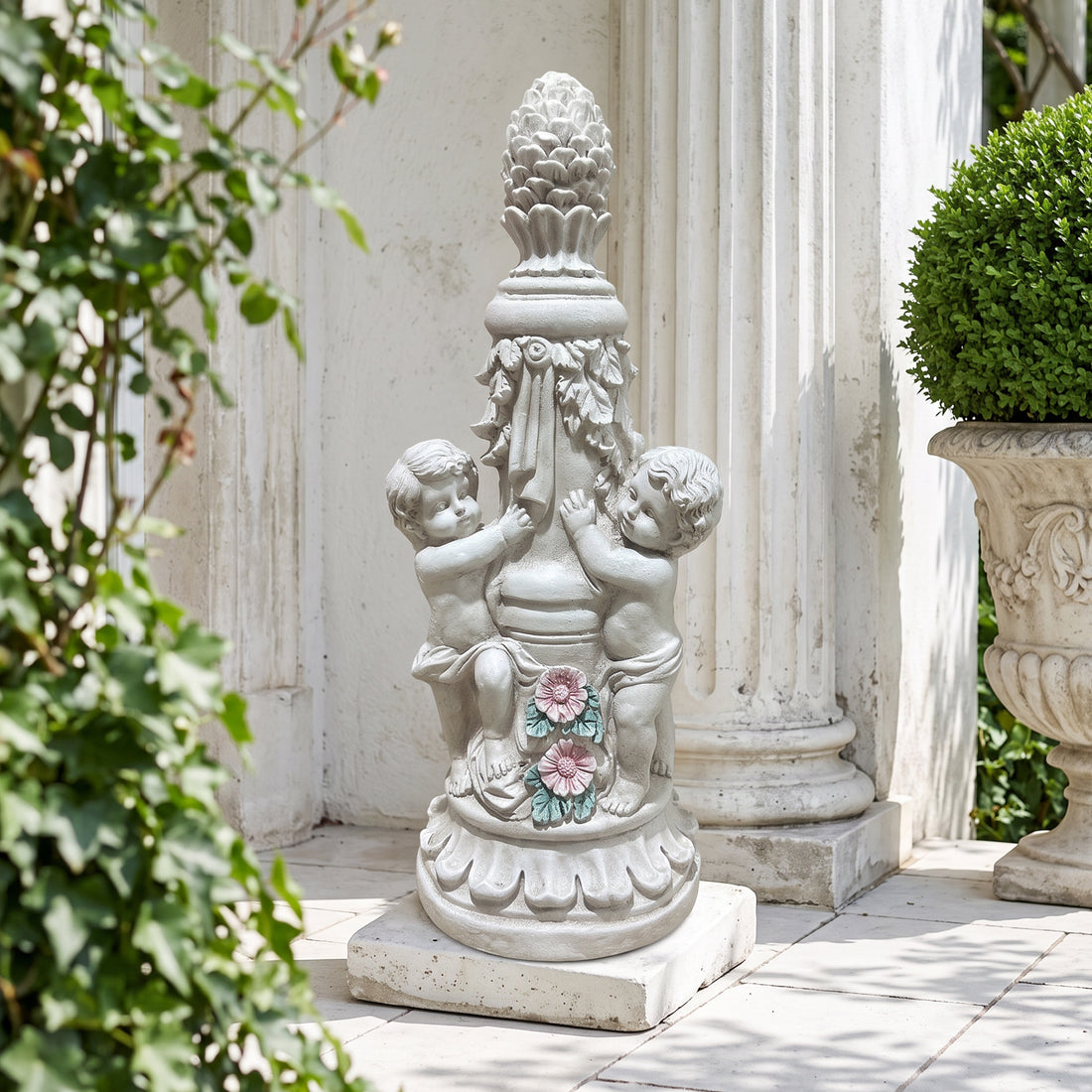 Double Cherub Pillar Garden Statue, Antique Stone Resin European Classical Ornament, Two Putti Floral Pillar Lawn Decor