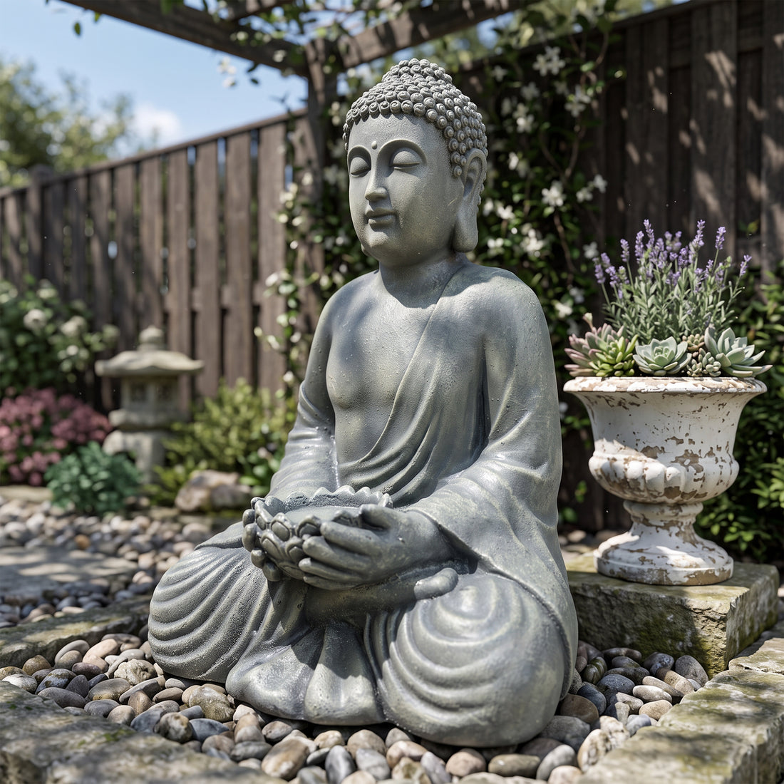 Seated Meditating Buddha Statue with Lotus Tealight Holder, Antique Stone Resin Zen Garden Decor, Meditation Indoor Outdoor Ornament
