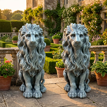 Seated Guardian Lion Garden Statues, Antique Weathered Stone Resin European Gate Ornaments, Villa Entrance Courtyard Decor