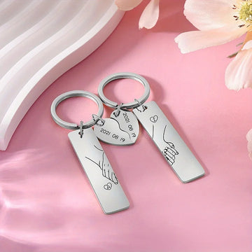 Personalized Engraved Keychain Set for Couples - Stainless Steel Custom Initial & Date Pendant