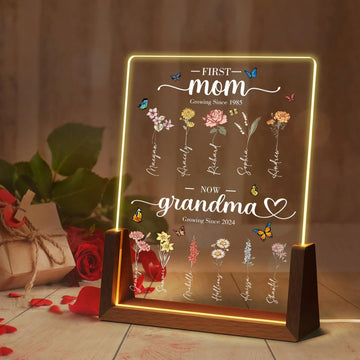 Engraved Wooden Night Light with Customizable Date, Name, and Floral Motif