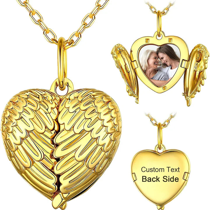 Personalized Angel Wing Photo Locket Necklace with Name Engraving