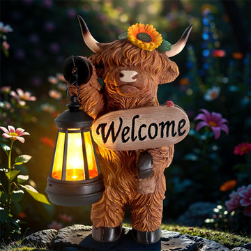 Highland Cow Solar Garden Statue with Lantern