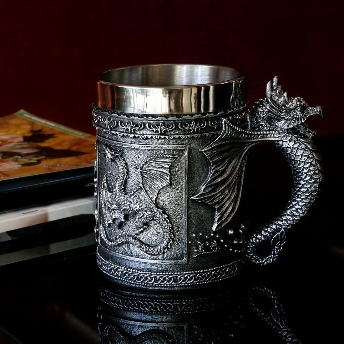 Medieval Dragon Design Stainless Steel Mug, 15.8 oz