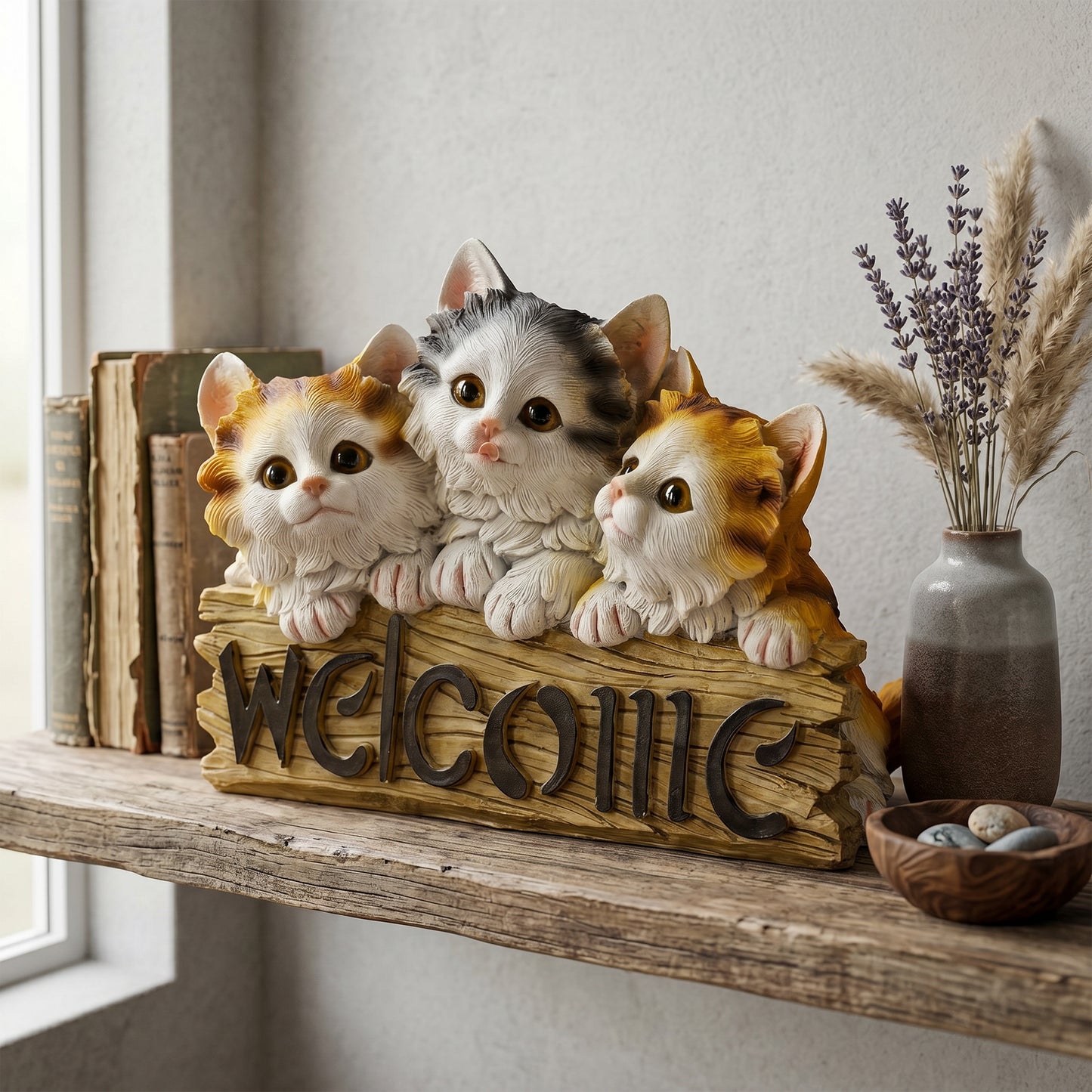 Three Kittens Welcome Resin Statue, Front Porch Entry Decor, Gift for Cat Lovers