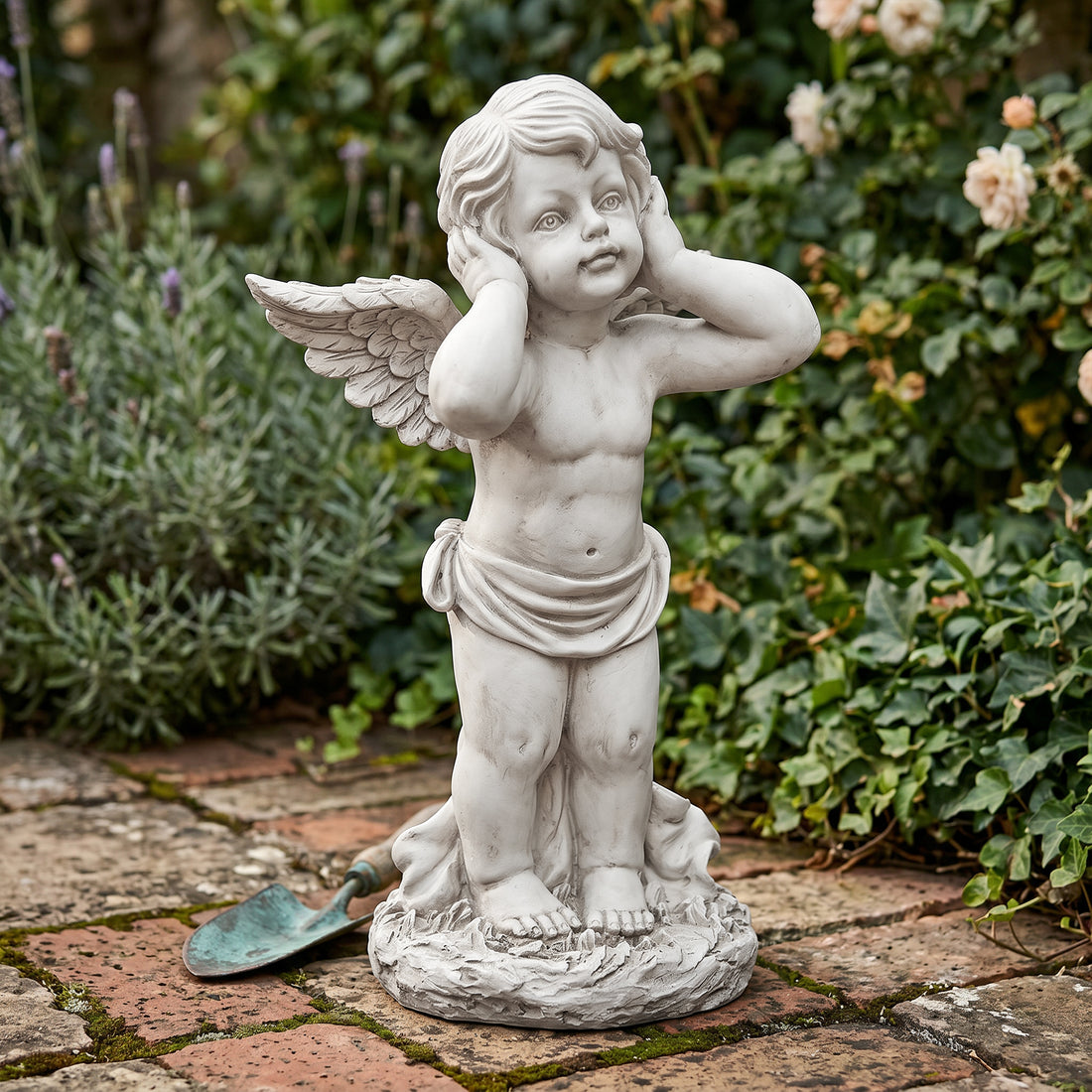 Vintage Hear No Evil Cherub Angel Statue, White Resin Garden Cupid Sculpture, Romantic Outdoor Yard Decor Gift