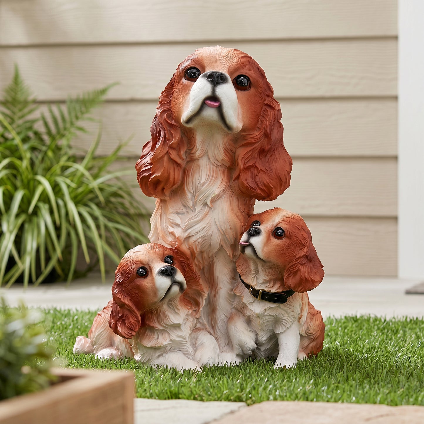 Cavalier King Charles Family Resin Statue, Garden Pet Group Sculpture, Gift for Dog Lovers