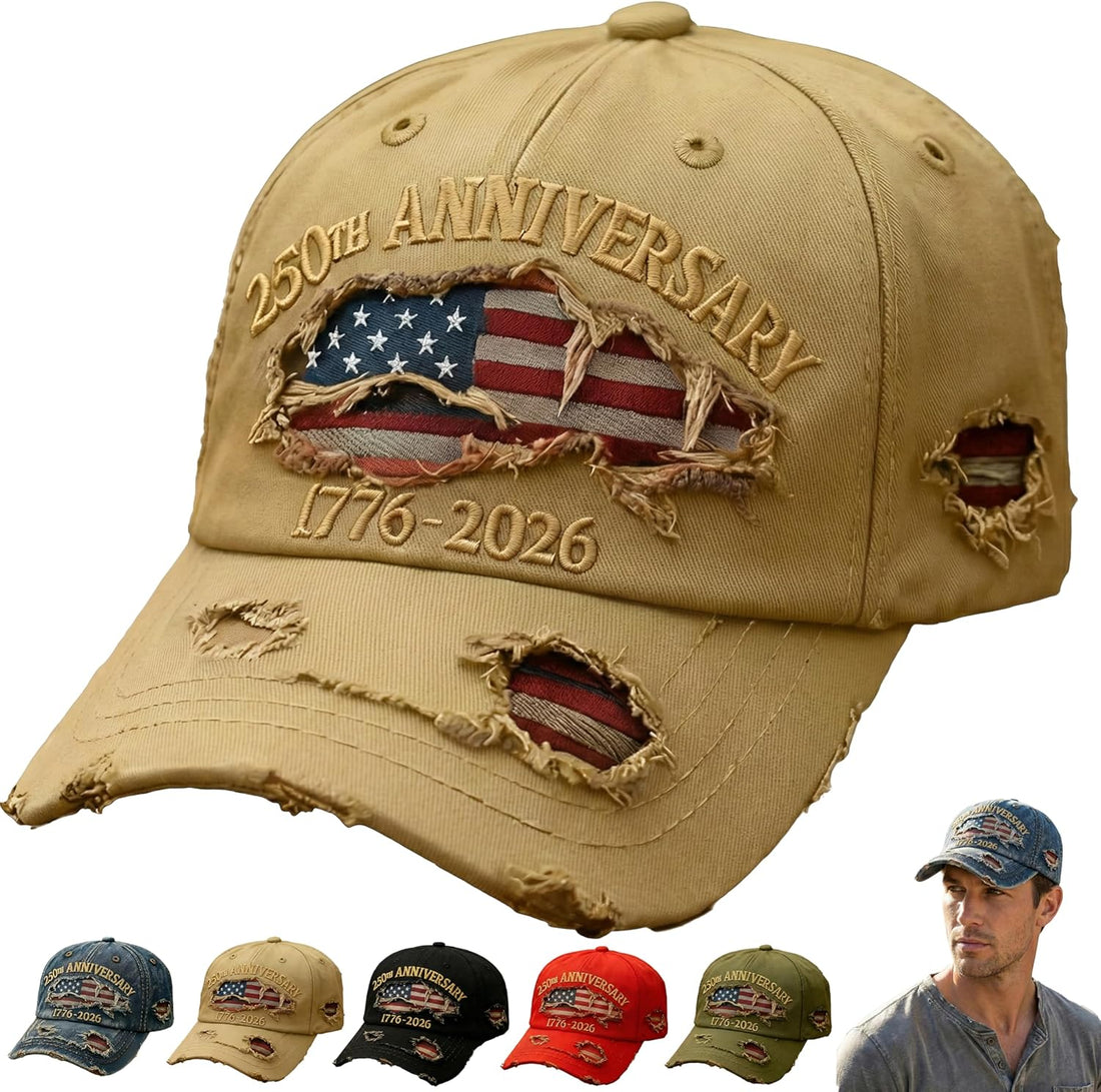 250th Anniversary USA Hat 1776–2026 Distressed Denim Baseball Cap