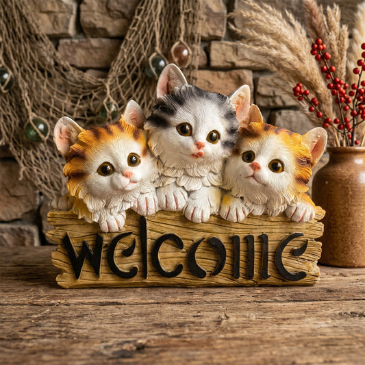 Three Kittens Welcome Resin Statue, Front Porch Entry Decor, Gift for Cat Lovers